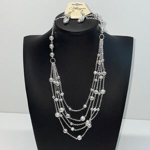NWT ALLEGRO METAL BEAD SILVER TONE MULTI STRAND NECKLACE & DROP EARRING SET A254